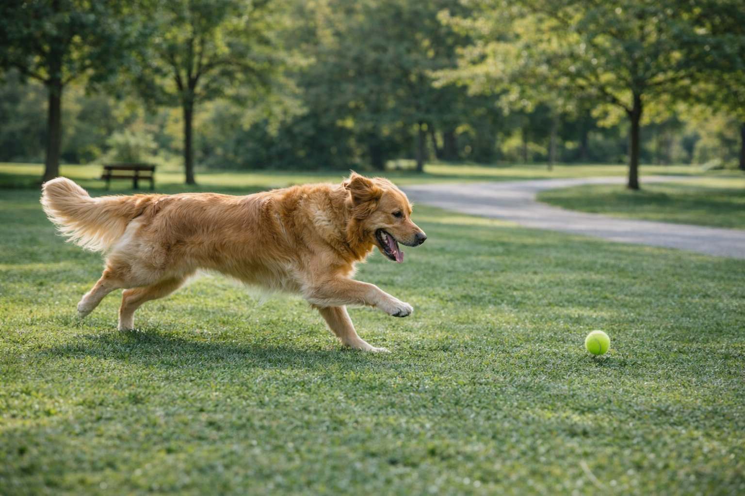 Golden Retriever chasing a tennis ball across grass in a park